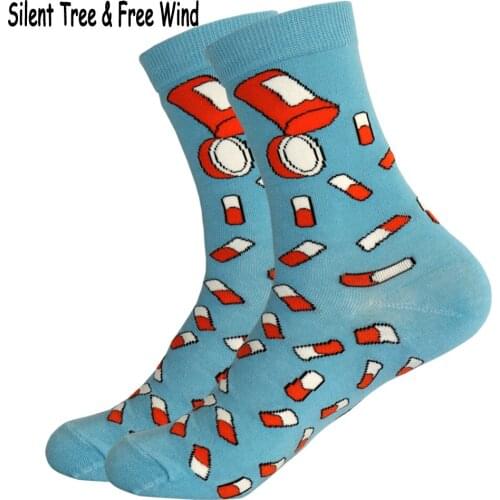 Funny Harajuku Mens Pill Patterned Crew Cotton Socks Novelty Hip Hop Women Men Blue Color Art Long Sock For Lovers Couples