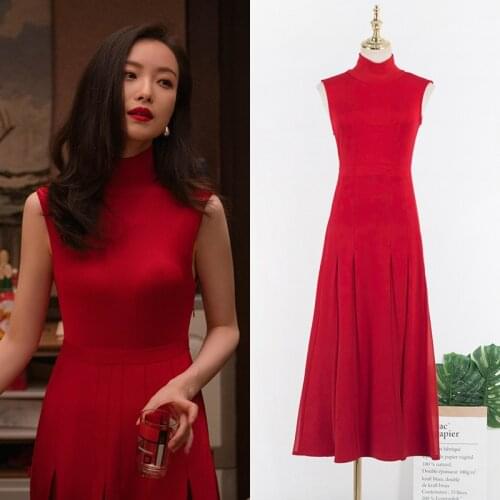 Kpop IU Seo Yea Ji Red High Collar Sleeveless Ankle-Length Long Dress Women Evening Party Temperament High Waist Sexy Dresses