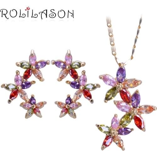 ROLILASON Flower Brand Design Yellow Gold Color Earring Necklace Jewelry Set Color Crystal Element JS709