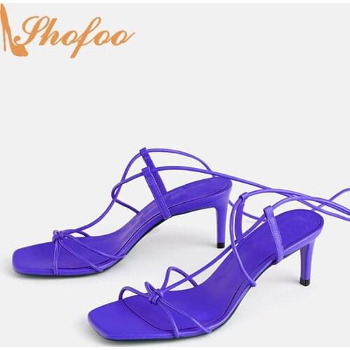 Cute Kitten Lace Up Sandals Ankle-Tied Blue Gladiator Woman Summer Shoes Party Mid Heels Narrow Band Ladies Dress Size 15 Shofoo