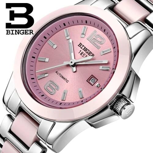 Switzerland luxury brand BINGER Mechanical Wristwatches Ceramic Womens watches lovers style Water Resistance BG-0358-3