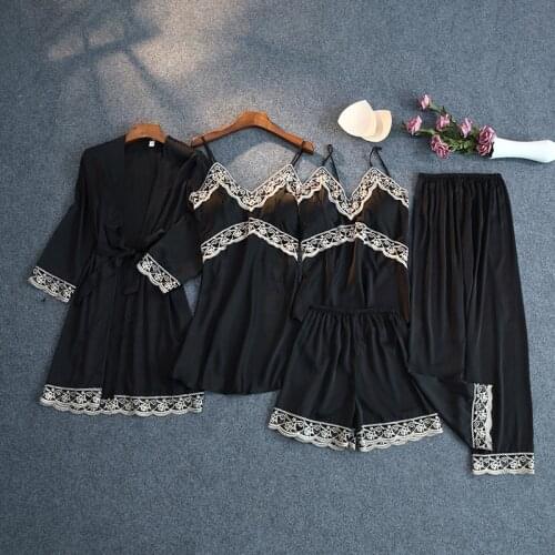 2020 Women Satin Sleepwear 5 Pieces Pajamas Set Sexy Lace Bathobe Pyjamas Sleep Lounge Pijama Silk Robe Night Suit