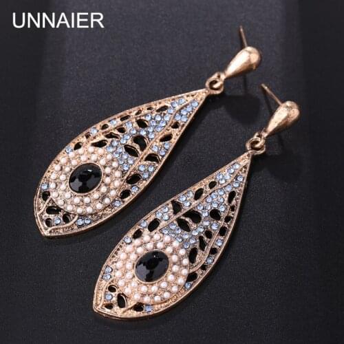 UNNAIER Retro palace Bronze Hollow out leaf earring Female temperament Long Ear jewelry