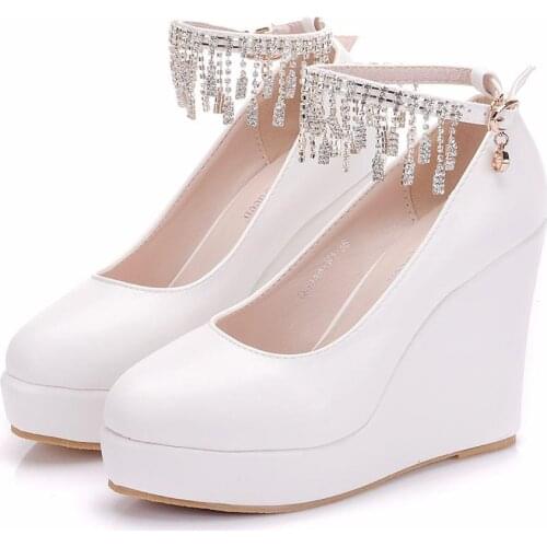 Crystal Quee Rhinestone Elegant Heels Wedges Shoes Pumps Women High Heels Platform Wedding Shoes Ankle Strap