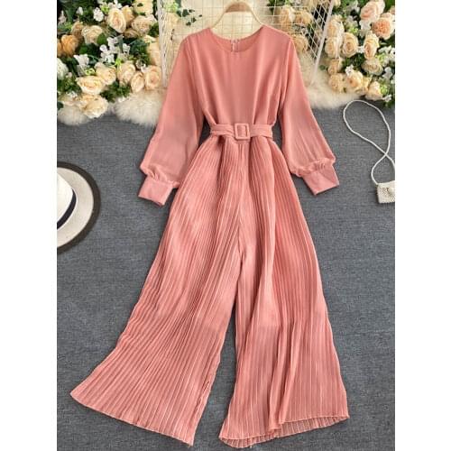 Womens Spring and Autumn Jumpsuit New Solid Color Round Neck Long-sleeved Pleated Wide-leg Pants Lace Up Thin Jumpsuit GX061