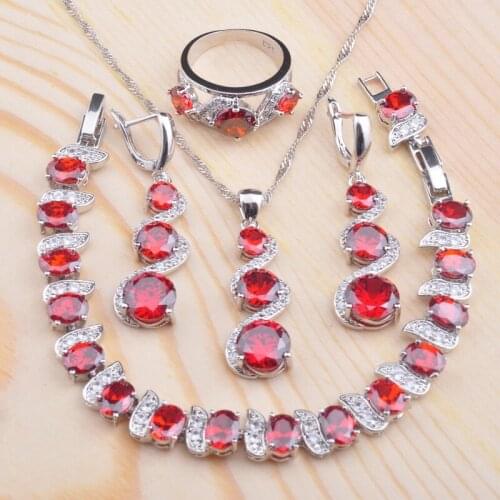 Elegant Red Zirconia For Women Silver Color Jewelry Sets Bracelet Necklace Pendant Earrings Ring Free Gift Box QS0140