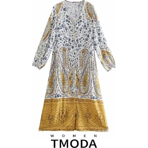 TMODA1929 Za 2021 Summer Women Sexy V Neck Floral Print Midi Dress Female Bohemian Beach Lady Long Sleeve Holiday Shirt Dresses