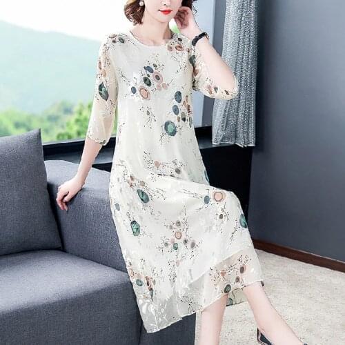 2021 Spring Summer Mulberry Silk Midi Dresses 4XL Plus Size Vintage White Print Runway Dress Elegant Women Bodycon Party Vestido