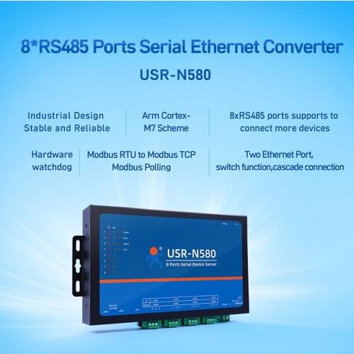 8 RS485 Ports Serial Ethernet Converter Industrial IOT Device Support ModBus RTU to TCP Network Switch