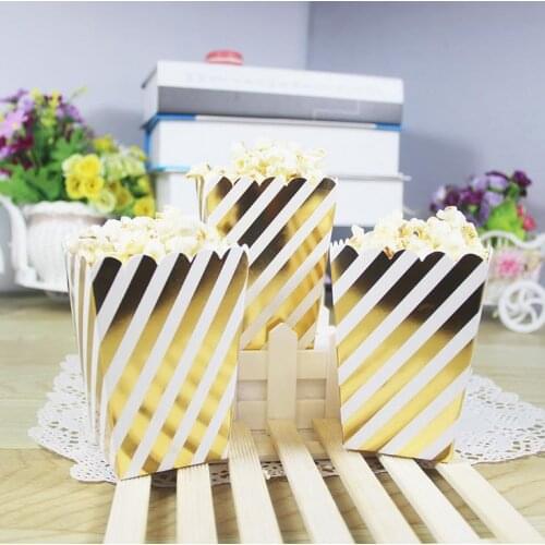 8pcs Gold Stiff Paper Party Popcorn Boxes Pop Corn Candy Snack Favor Bags Wedding Birthday Movie Party Tableware