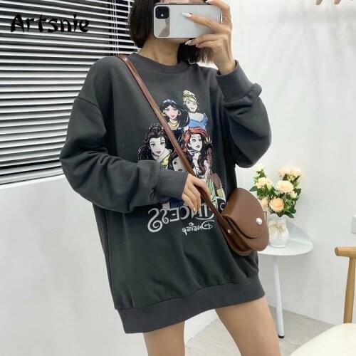Artsnie Streetwear Cartoon Print Sweatshirt Women Autumn 2021 O Neck Long Sleeve Oversized Hoodies Disney Gray Casual Sweatshirt