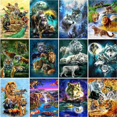 AZQSD Full Round Drill Diamond Embroidery Wolf Tiger Lion Mosaic Handmade Gift Diamond Art Painting Animals Leopard Home Decor