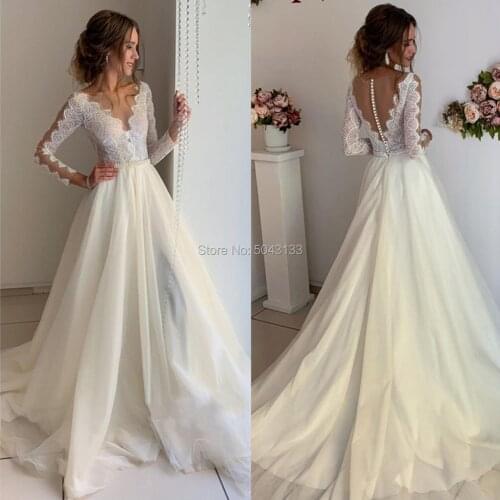 Bohemian Wedding Dress Sexy See Through Top Lace A Line Bridal Gowns Full Sleeves Floor Length with Beads Buttons Back свадебное