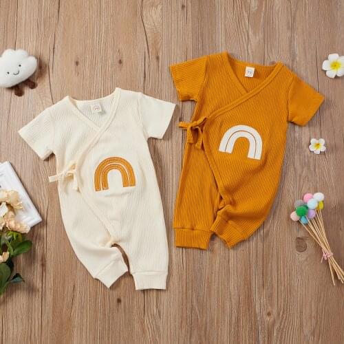 FOCUSNORM 2 Colors Newborn Baby Girls Boys Rompers Rainbow Printed Short Sleeve Belt Jumpsuits 0-24M