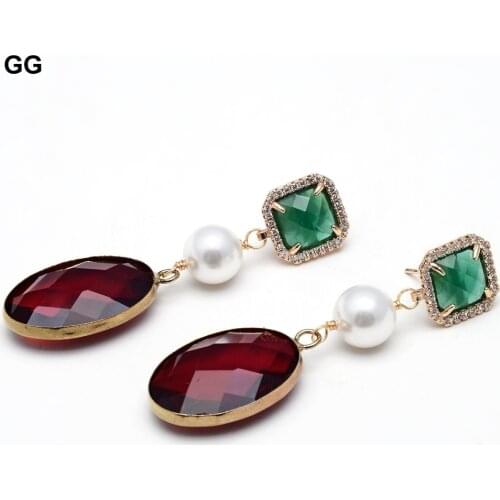 GG Jewelry Natural Round White Sea Shell Pearl Red Crystal Pendant Green Crystal CZ Pave Stud Earrings For Women