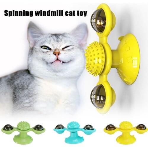 Cat Toy TPR+PC Waterproof Spinning Cat Toy Windmill Teasing Cat With 2 Clear Capsules Suction Cup Interactive Toys