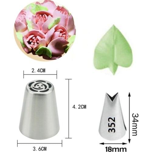 2Pcs #1+352Leaf Russian Tulip Icing Piping Nozzles Stainless Steel Flower Nozzle Cream Pastry Tip Cupcake Cake Decorating Tool