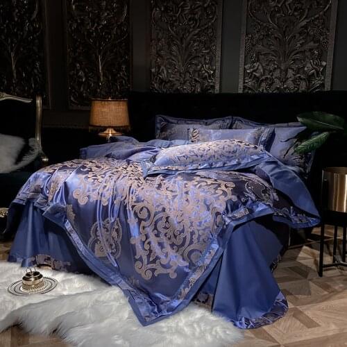 Royal Blue Jacquard Satin Bed Sets Duvet Cover Bed Sheet Pillowcases 4pcs Solid Soft Silk/Cotton Luxury Bedding Set Home Textile