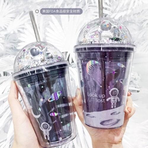 380ml Creative Double Layer Straw Cups Fashion Space Wandering Theme Heat Insulated Plastic Water Cup Beautiful Straw Cups