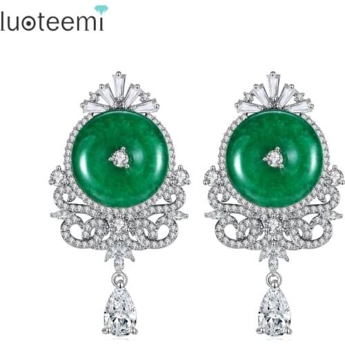 LUOTEEMI Round Drop Earrings Big Emerald Color Stone Cubic Zircon Vintage Fashion Jewelry for Women Christmas Boucle D’Oreille