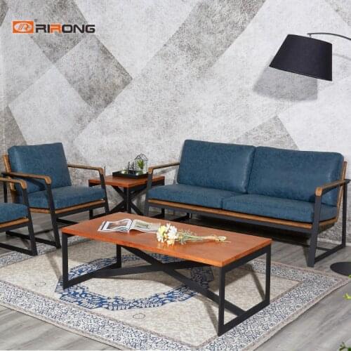 High Density Fashion Blue Antique Office Sofa Wood Coffee Table Set