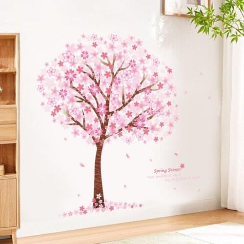 Girly Heart Pink Flowers Tree Stickers Self-adhesive Bedroom Wall Decoration Room Renovation Background Wall Stickers