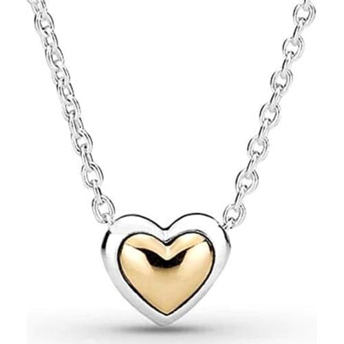 Real Two Tone Domed Golden Love Heart Collier 925 Sterling Silver Necklace For Pandora Bead Charm DIY Jewelry