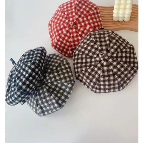 2021 Korea autumn and winter new children octagonal hat plaid beret male and female baby retro style Fashion girl cap
