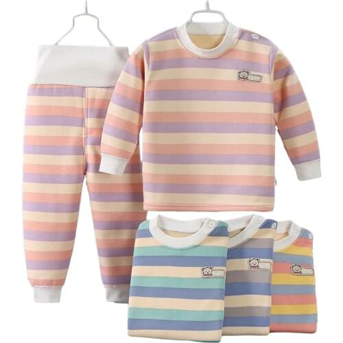 Autumn Winter Children Boys Girls Stripe Pajama Clothes Sets Cotton Thick Velvet Tops Pants 2pcs Soft Kids Home Sleepwear Suits