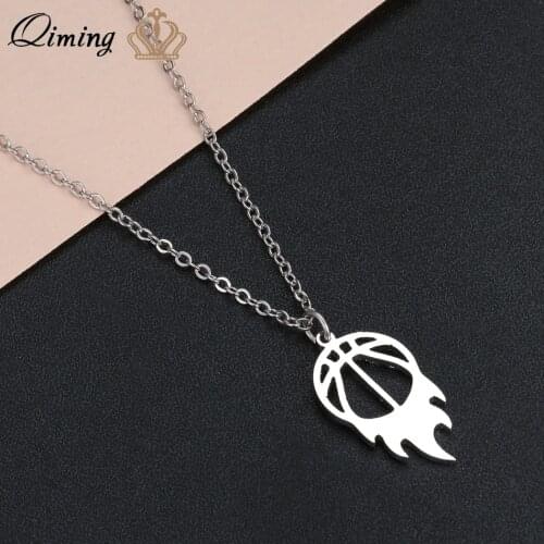 QIMING Stainless Steel Fire Basketball Men Necklace For Women Gold Silver Fashion Sports Jewelry Fitness Ball Necklace Boys Gift