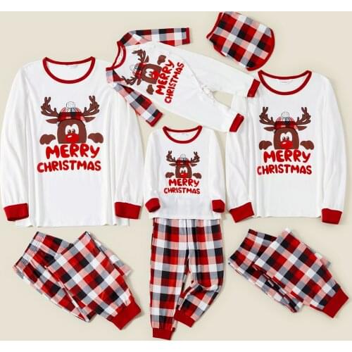 PatPat Merry Christmas Deer Letter and Plaid Print Family Matching Long-sleeve Pajamas Sets (Flame Resistant)