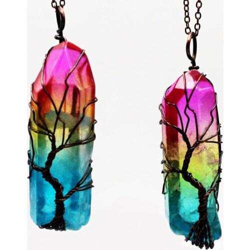 Rainbow Crystal Pendant Antique Brass Plating Tree of Life Wire Wrapped Color Raw Quartz Retro Style DIY Handmade Charm Necklace