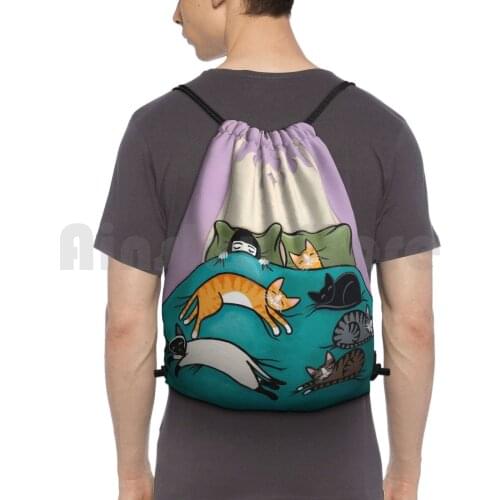 Bed Time With Cats Backpack Drawstring Bag Riding Climbing Gym Bag Original Cat Folk Art Whimsical Bed Sleep Band Funny