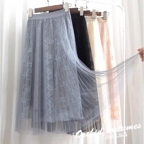 Women Summer Solid Color Midi Elastic Waist Tulle Skirts Fashion Ladies Spring Streetwear Girls High Waist Casual Lace Skirt 259