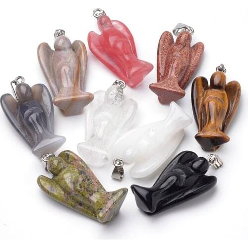 Jewelry Findings Mixed Angel Gemstone Pendants with Brass Clasps,Platinum Metal Color,Mixed Color,40x22x15mm,Hole:10x4mm