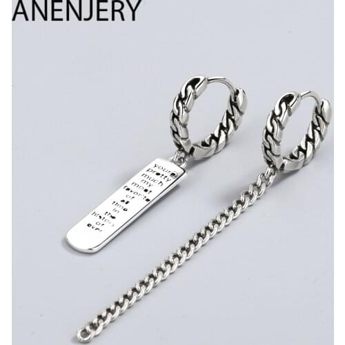 ANENJERY Vintage 925 Sterling Silver Alphabet Square Long Chain Asymmetric Hoop Earrings For Women oorbellen S-E1059
