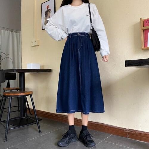 Retro Dark Blue Denim Woman Skirts New Streetwear Autumn Winter Ladies Skirt Long Stretch High Waist A-line Jeans Skirt Women