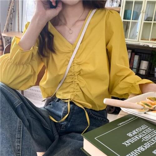 Womens Spring Summer Style Cotton Blouses Shirt Womens V-neck Solid Color Bow Long Sleeve Elegant Slim Tops DD8592