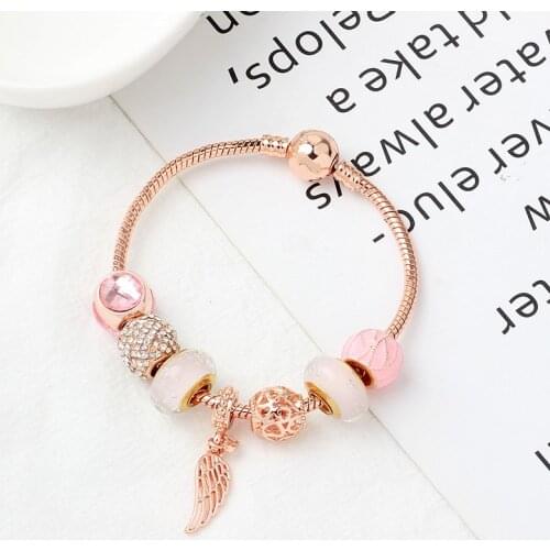 Rose Gold Angels Wings Feather Charm Bracelet Pink Glass Beads Bracelet Diy Jewelry for Women