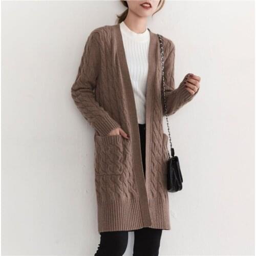High grade 100% goat cashmere twisted thick kint women fashion autumn winter cardigans sweater coat mid-long solid color S-L