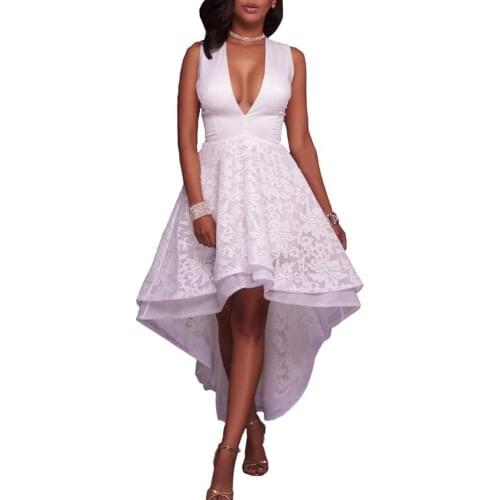 Hitmebox 2019 New Womens sexy V Neck Sleeveless Floral Lace High Low Layers Cocktail Party Ball Gown Fit and flare black dress