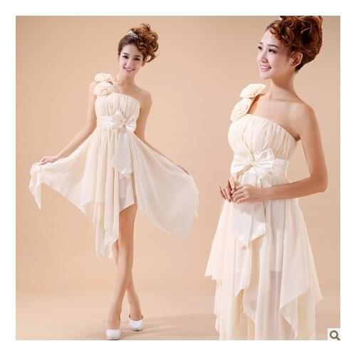 Free shipping 2016 new hot handmade flowers bow One shoulder bride and short red married small design costume bridesmaid dress