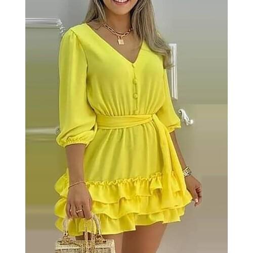 Summer Women Mini Dress V Neck Plain Lace Up Ruffles Frill Hem Casual Office Lady Fashion Outfits 2021