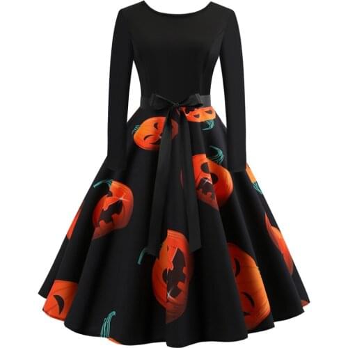Halloween Vintage Dress Women Pumpkin Print Patchwork Midi Autumn Winter Dresses Long Sleeve Elegant Party Dress Plus Size FD