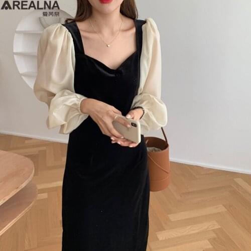 2020 New Retro Elegant dresses for women V-Neck sexy Voile Patchwork Puff Sleeve Autumn Korean woman midi dress Cotton Vestidos