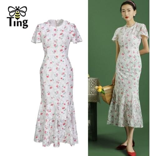 Tingfly Vintage Elegant Cherry Floral Mermaid Party Night Dresses Summer Ruffles Midi Long Lace Dress High Quality Robes Frocks