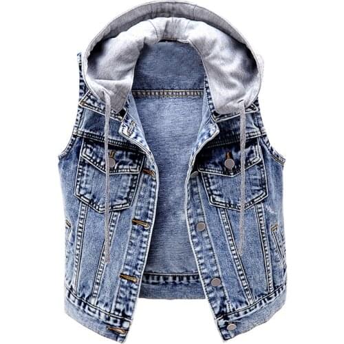 Womens Spring Autumn Sleeveless Hooded Vintage Blue Denim Vest Female Winter Plus Size Slim Short Waistcoat 5XL TB301
