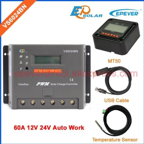 12v 24v auto type 60A Solar Controller VS6024BN 60amp USb cable and MT50 remote meter temperature sensor PWM EPEVER