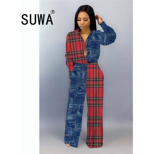 2020 Spring High-end Plus Size Vintage Palid Patchwork Young Office Regualr Full Sleeve High Waist Women Wide Leg Jumpsuits