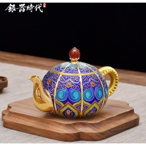 Ag999 Sterling Silver Teapot Gold Planted Enamel Painted Kitchen Utensils Built-in Filter Handmade Coffee Tea Pot